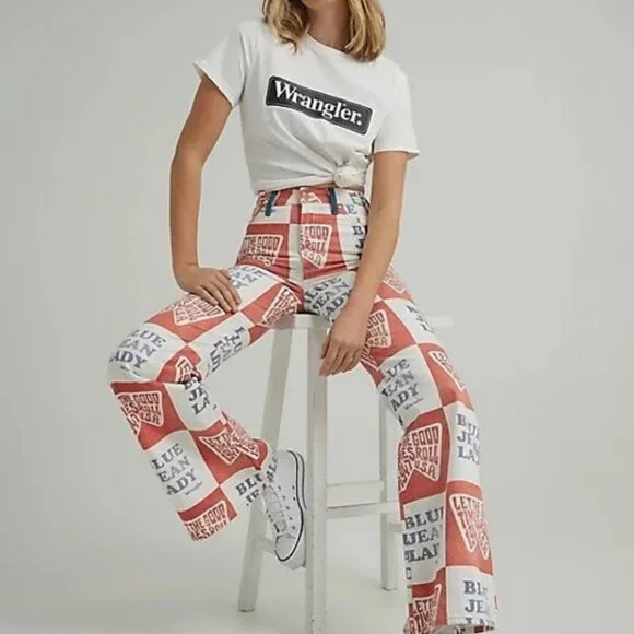 Wrangler Wanderer Printed High Rise Flare Blue Lady Jeans - Picture 2 of 9